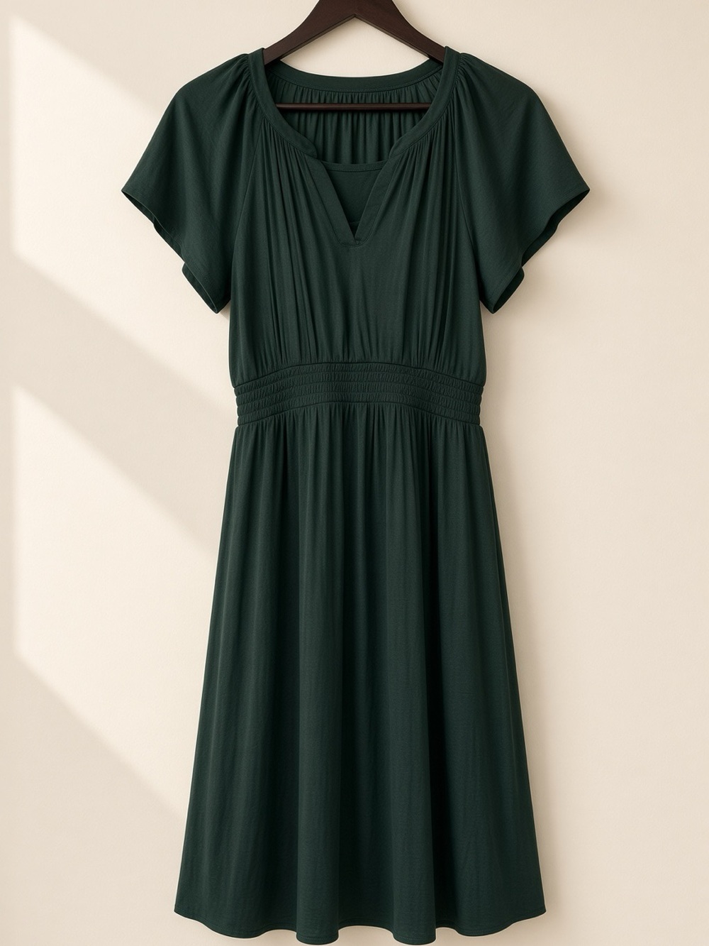 Soma Dark Green Smocked-Waist Short Sleeve Dress w/pockets & bra built in. Event
